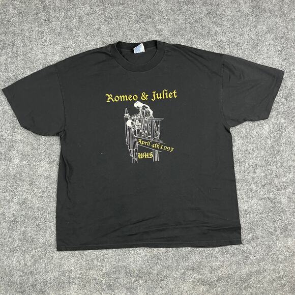 Hanes T-Shirt Mens XL Black Romeo Juliet 1997 Graphic Tee Vintage Theater - Picture 2 of 7